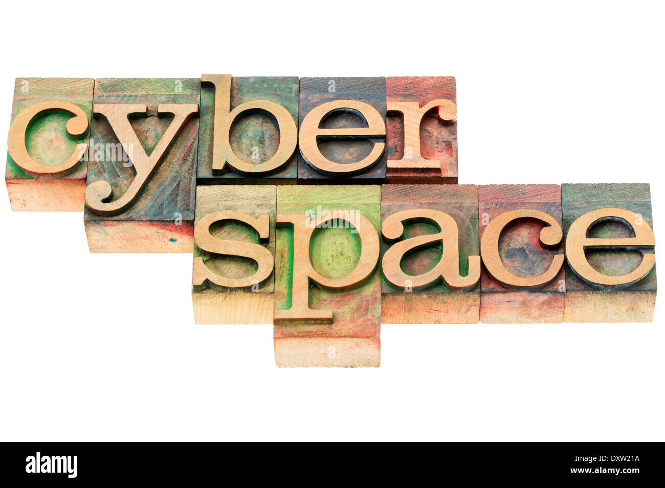 cyberspace - isolated word in n letterpress wood type blocks stained by color inks Stock Photo