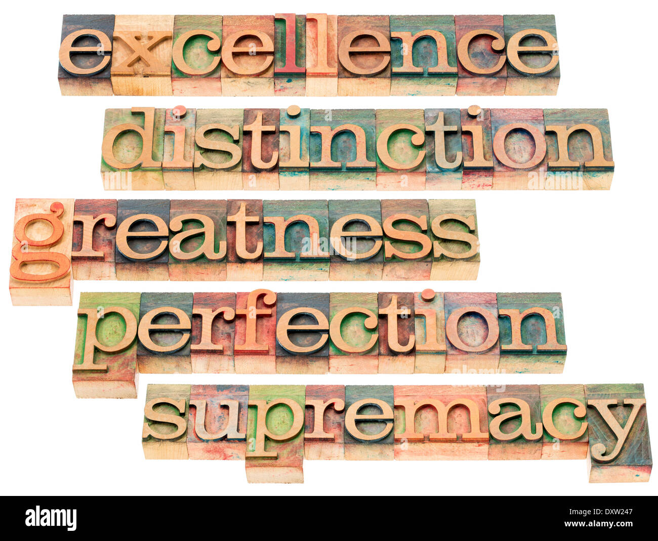 excellence, distinction, greatness, perfection and supremacy - a collage of isolated words in letterpress wood type Stock Photo