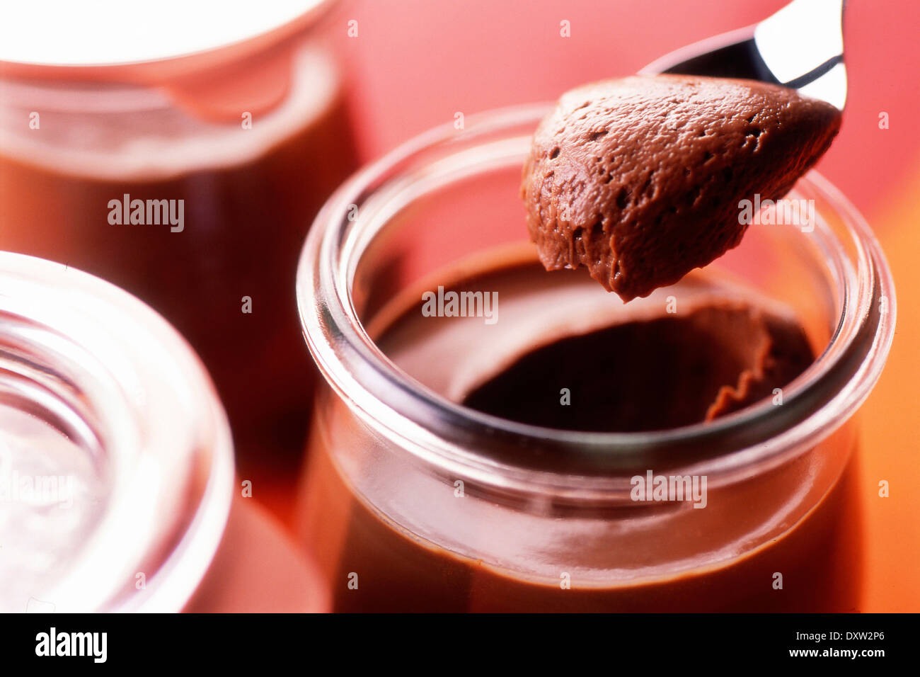 Pots of traditional chocolate cream dessert Stock Photo