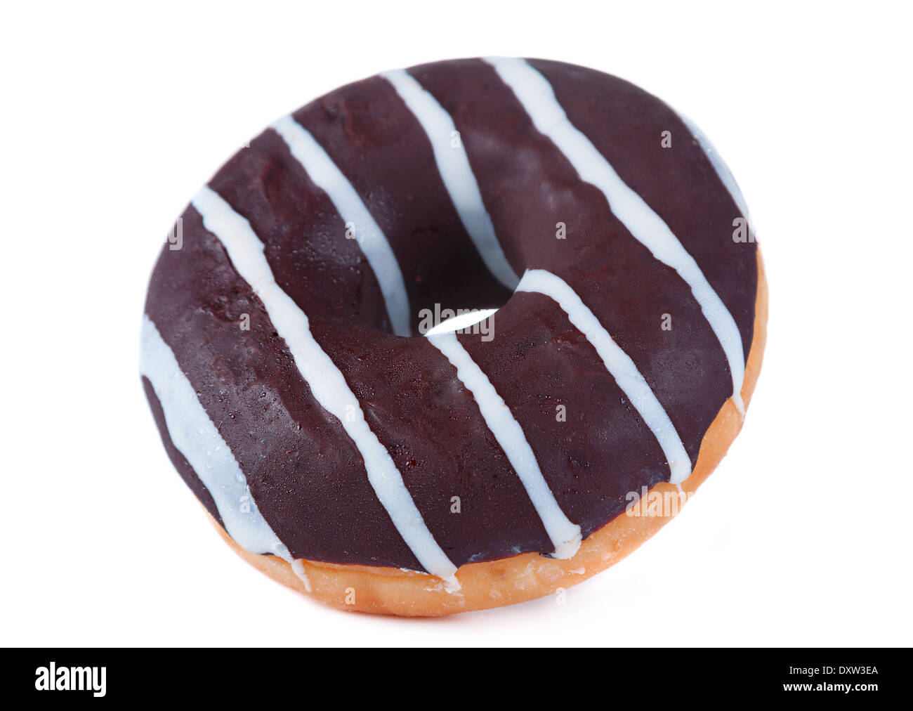 Chocolate glazed doughnut closeup isolated on white Stock Photo