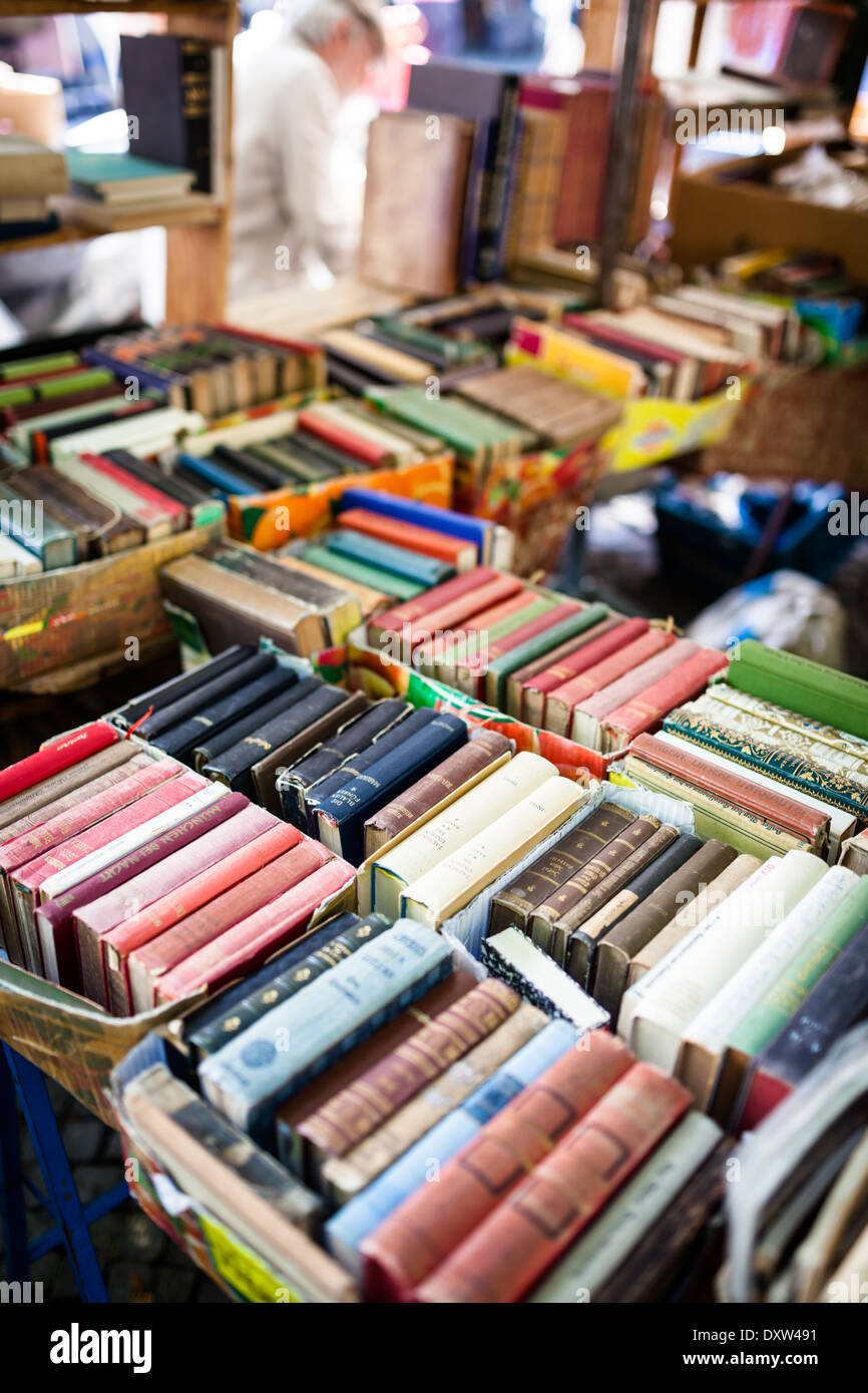 Old books at flea market Stock Photo