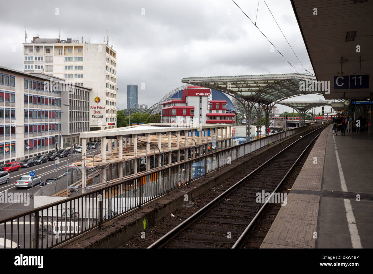 View over the last track in Cologne station. Cologne Train Station with View of Hotels Stock Photo