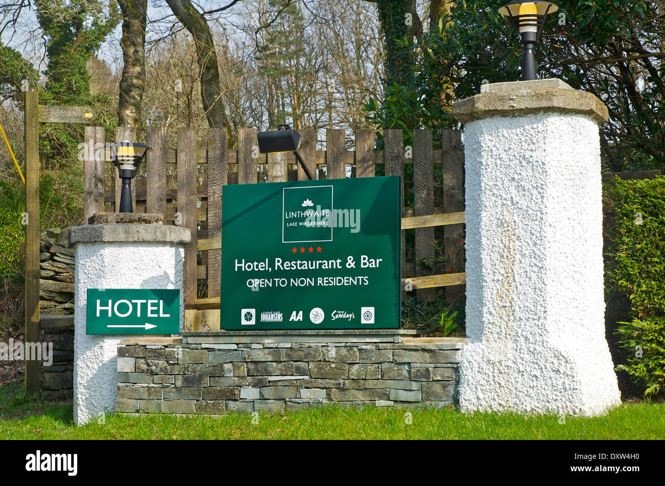 Entrance sign to the Linthwaite Hotel, near Bowness, Lake District