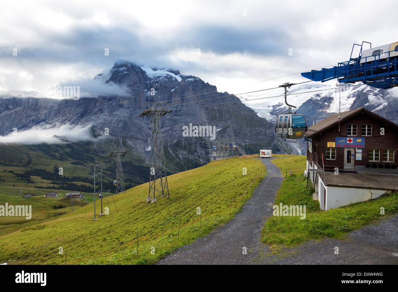 Cable car and station in the Swiss Alps near Grindelwald, Switzerland
