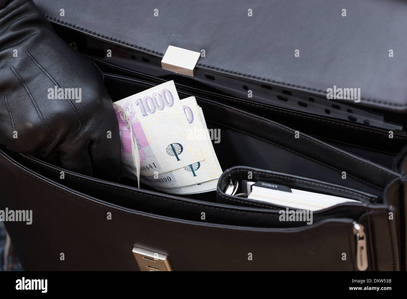 hand in leather glove stealing money from briefcase Stock Photo