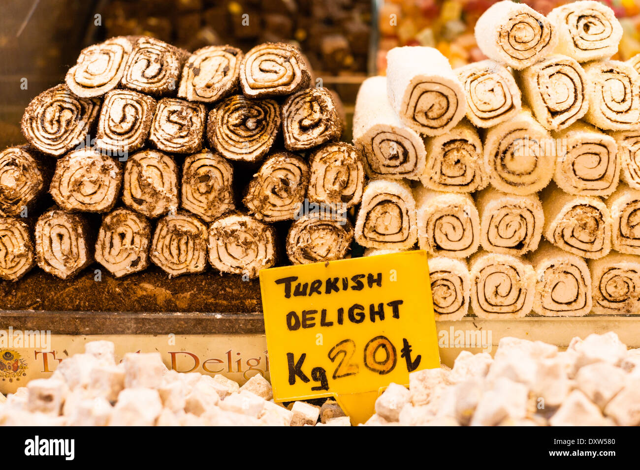 Turkish sweets in market stall. Turkish delight rolls Stock Photo
