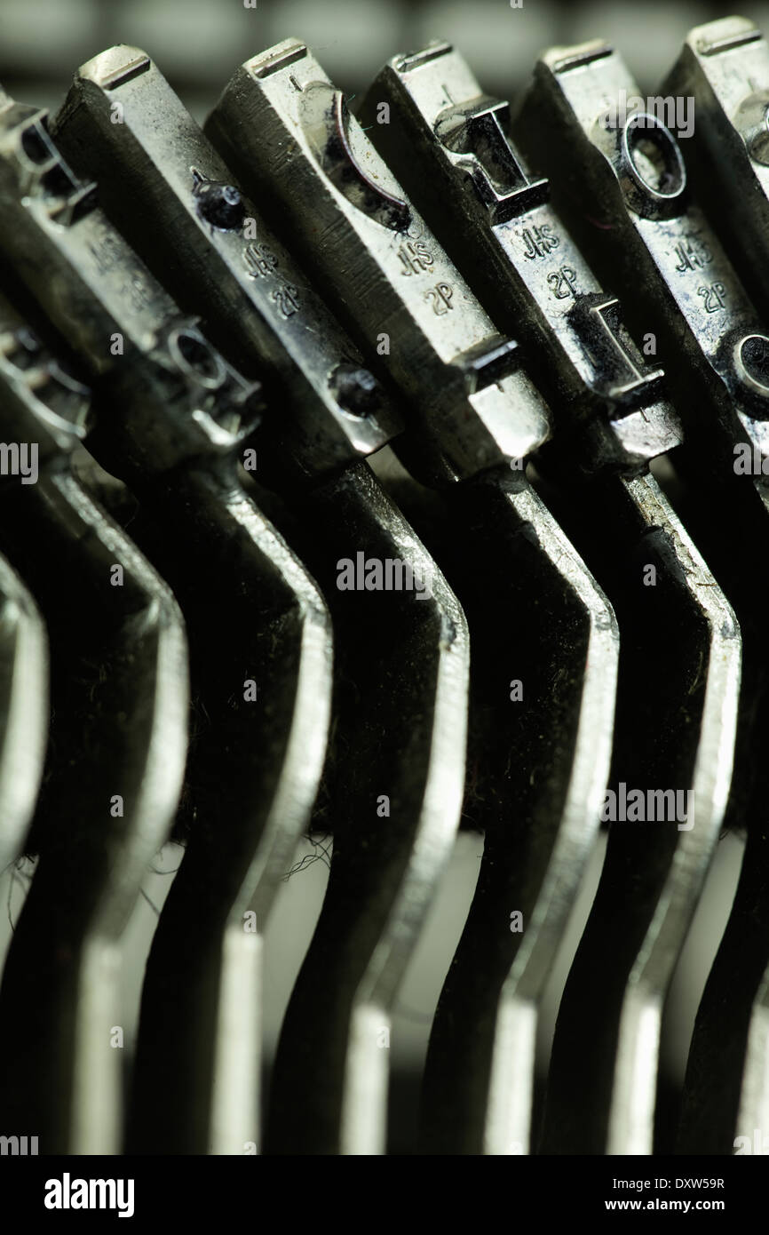 close up of a classic mechanical Typewriter Typebars Stock Photo