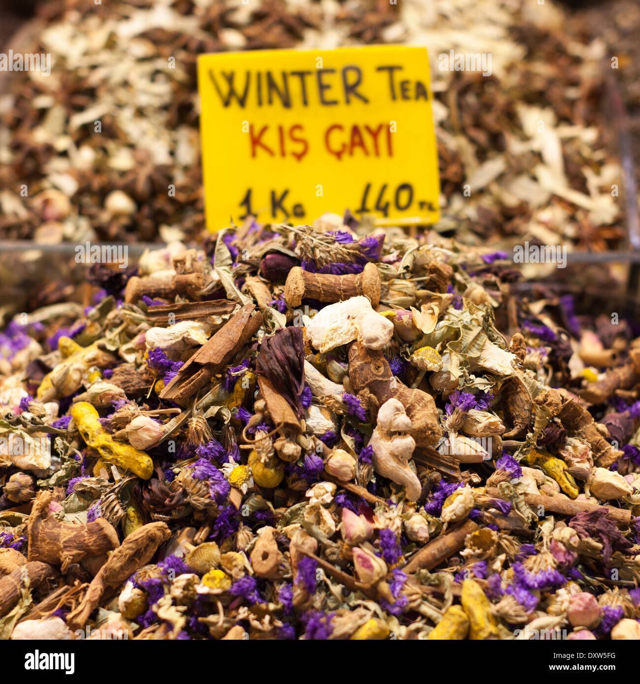 Winter tea (Kis Cayi) mixture in turkish market stall Stock Photo