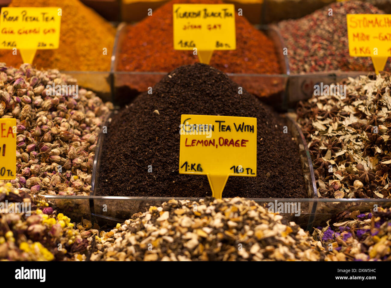 Tea mixtures in turkish market stall Stock Photo