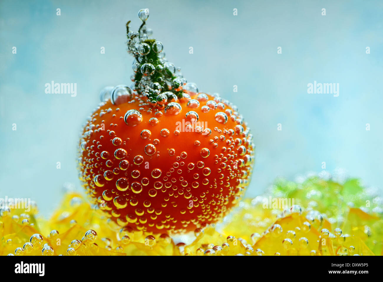 cherry tomato with bubbles Stock Photo
