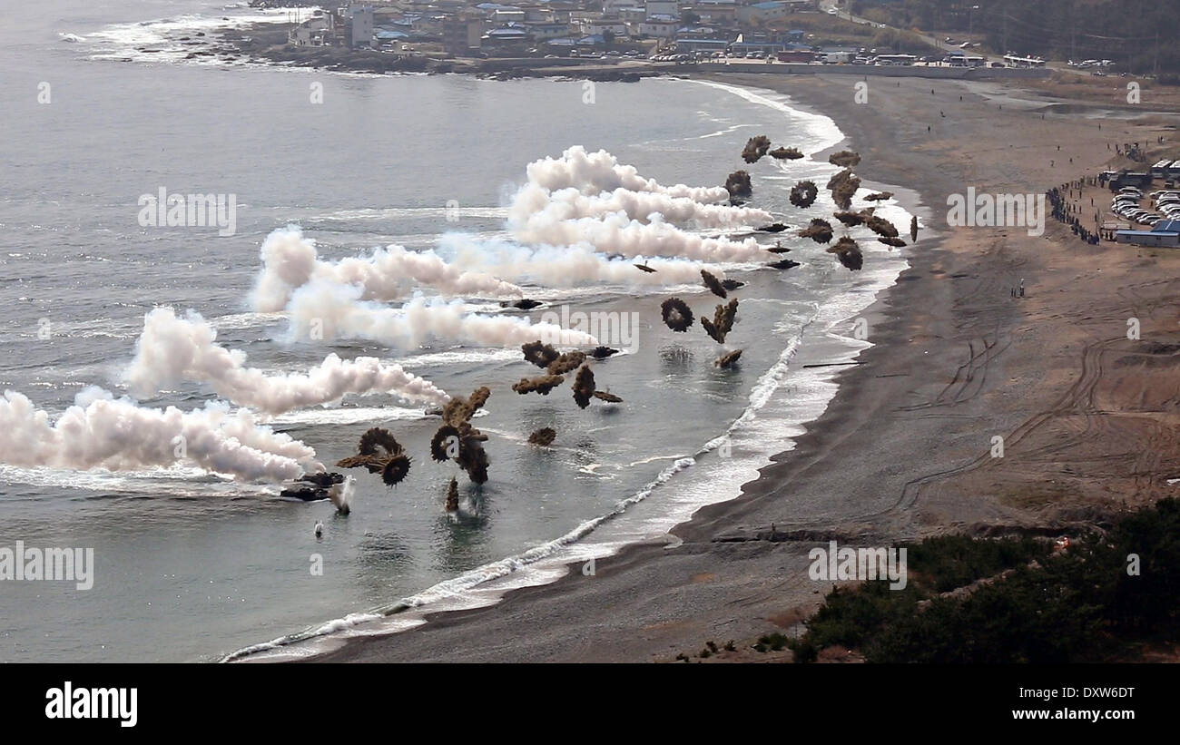 South Korean Marines amphibious assault vehicles approach the beach during a simulated amphibious assault part of joint training exercise Ssang Yong March 31, 2014 in Doksu-Ri, Pohang, South Korea. Stock Photo