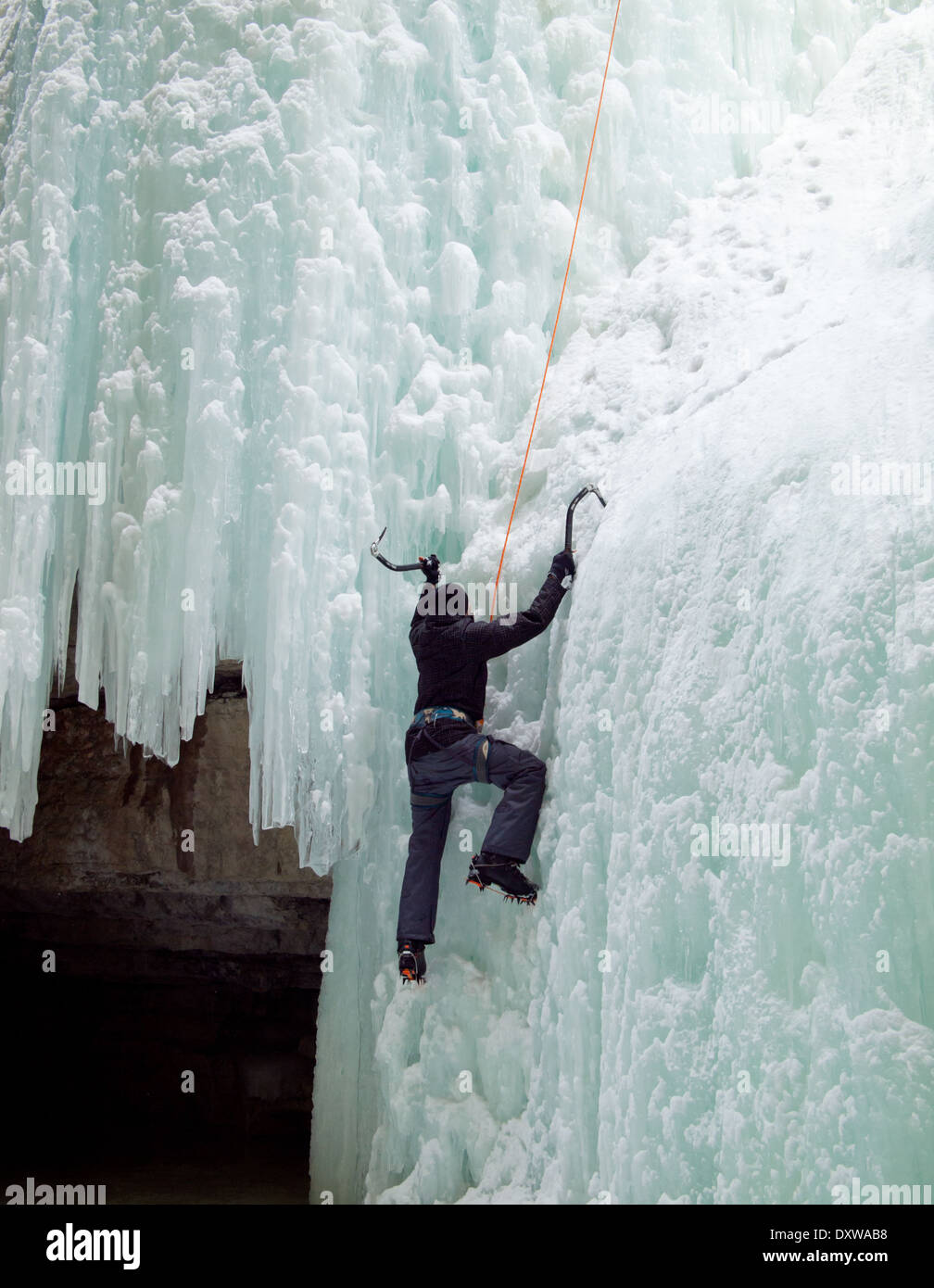 An ice climber scales "The Queen", a famous ice climb in Maligne Canyon