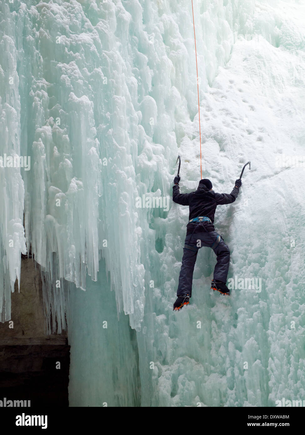 An ice climber scales "The Queen", a famous ice climb in Maligne Canyon, Jasper National Park, Alberta, Canada. Stock Photo