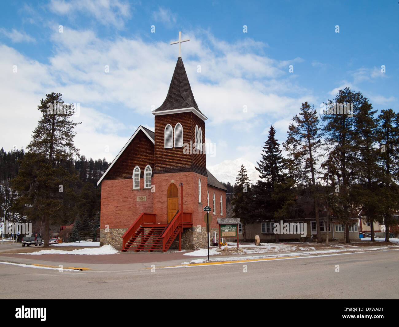 A view of the cute, little Jasper Lutheran Church in Jasper, Jasper National Park, Canada. Stock Photo