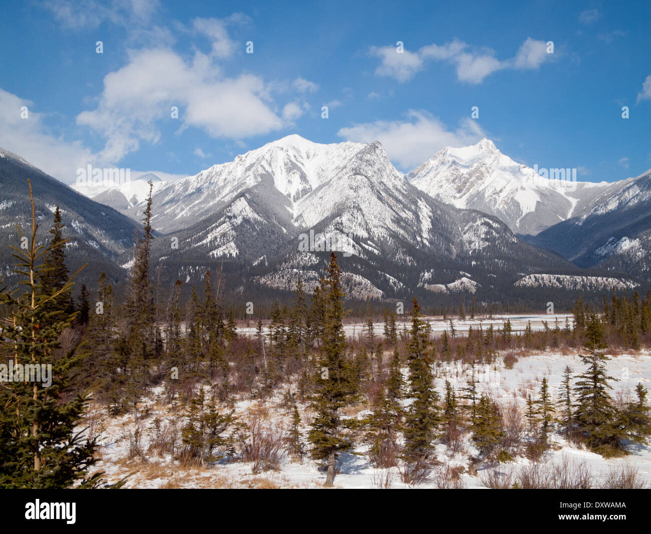 A winter view of Esplanade Mountain (left) and Gargoyle Mountain (right) in Jasper National Park, Alberta, Canada. Stock Photo