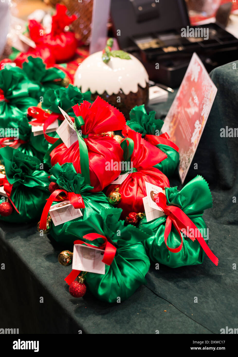 Buxton Peak District Derbyshire Christmas puddings on sale at craft fair Stock Photo