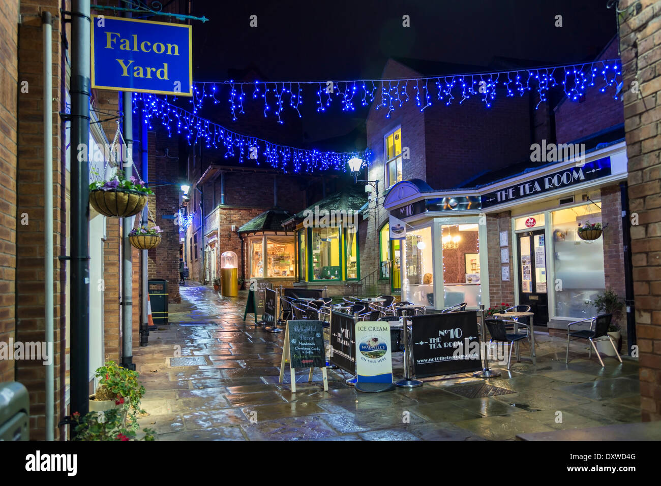 Christmas late at night in Chesterfield lit up with decorations and