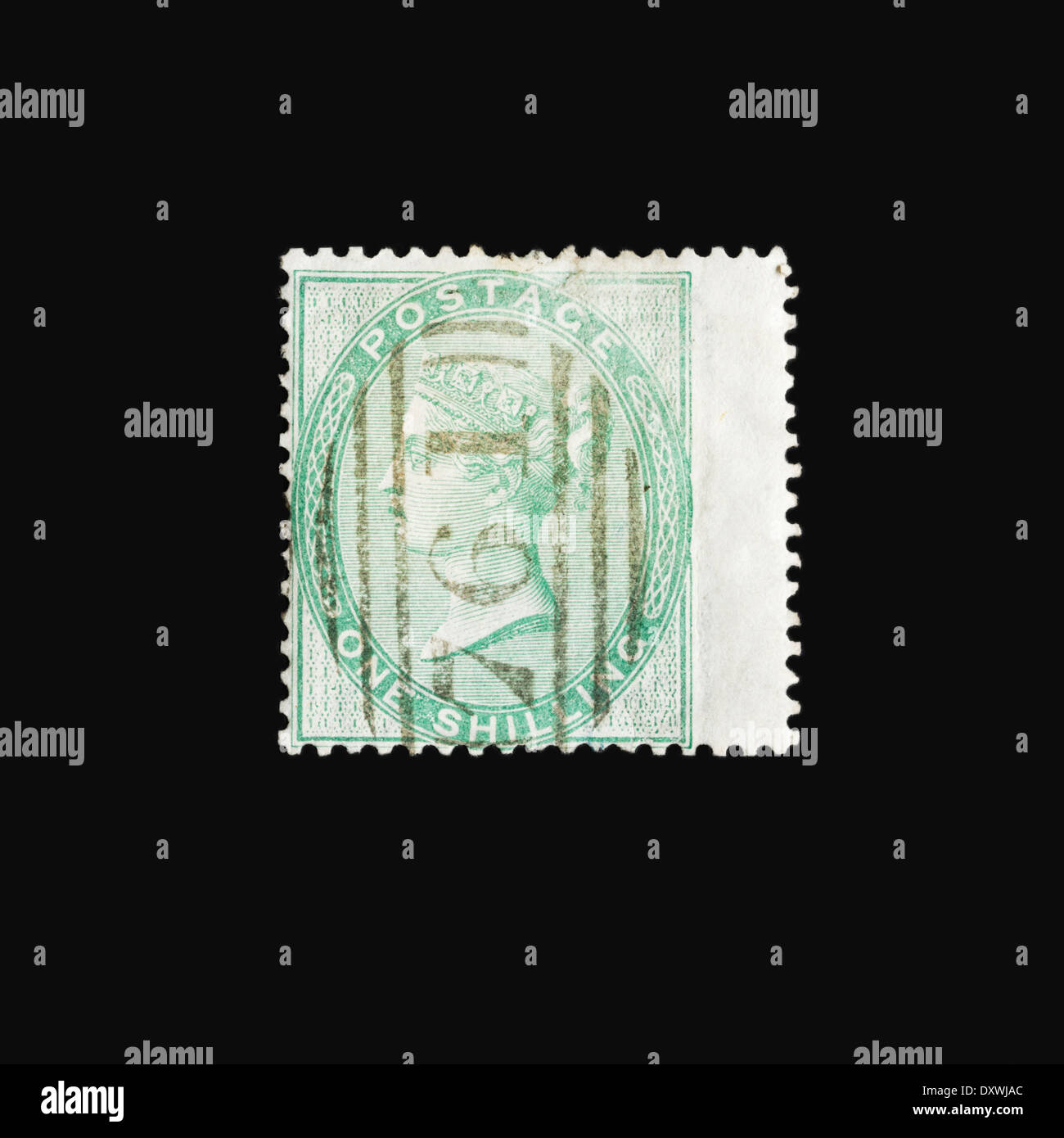 British Victorian postage stamp, value one shilling, 185557 Stock