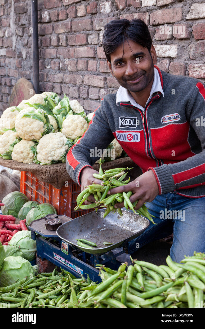 India, Dehradun. Man Selling Vegetables in Streetside Market Stock