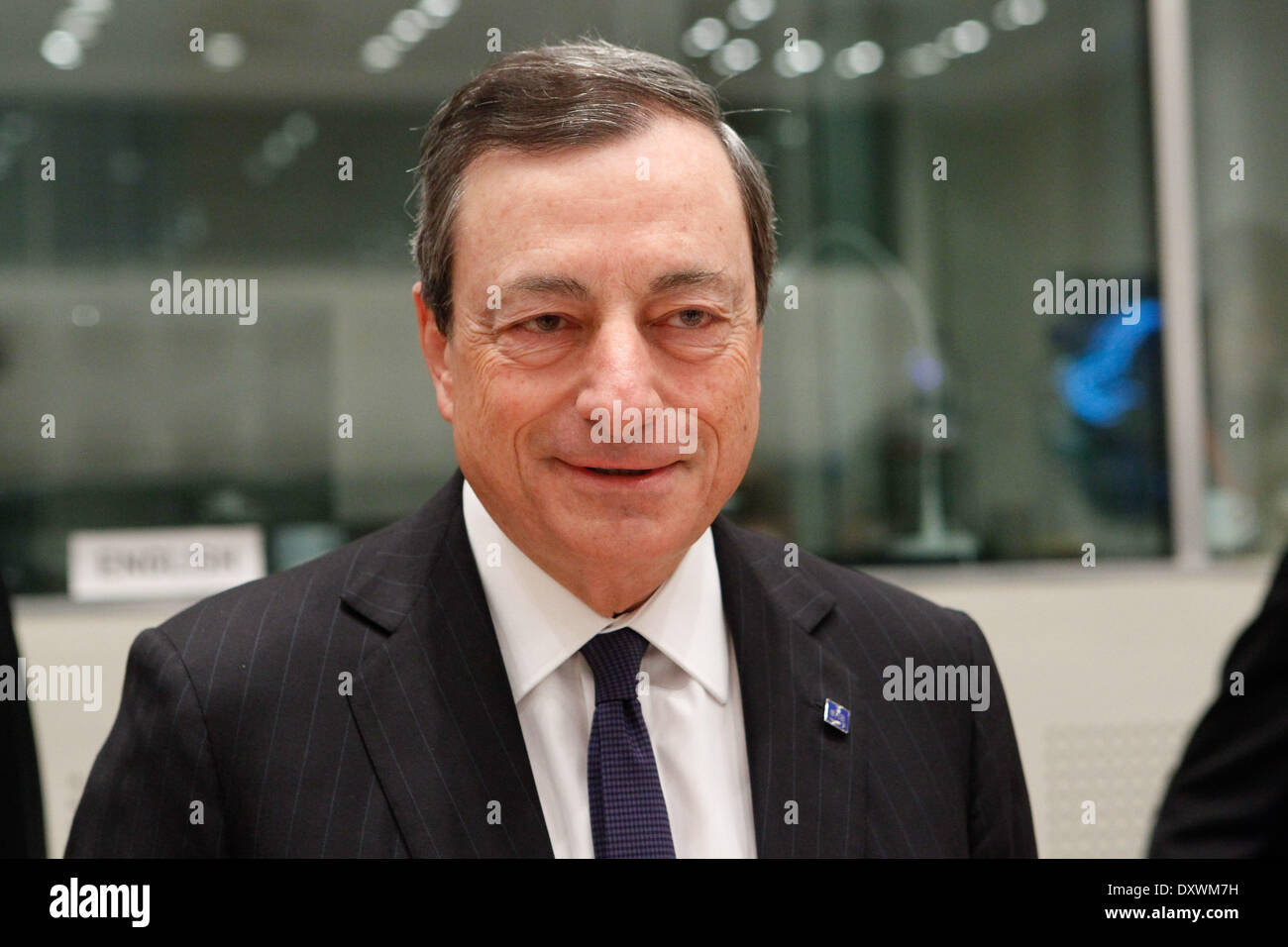 April 1, 2014 - Athens, Greece - MARIO DRAGHI (President European Central Bank) attends an Informal Meeting of Ministers for Economic and Financial Affairs at the Zappeion Hall in Athens. European and eurozone finance ministers meet and hold press conferences today in Athens (Credit Image: © Aristidis Vafeiadakis/ZUMAPRESS.com) Stock Photo
