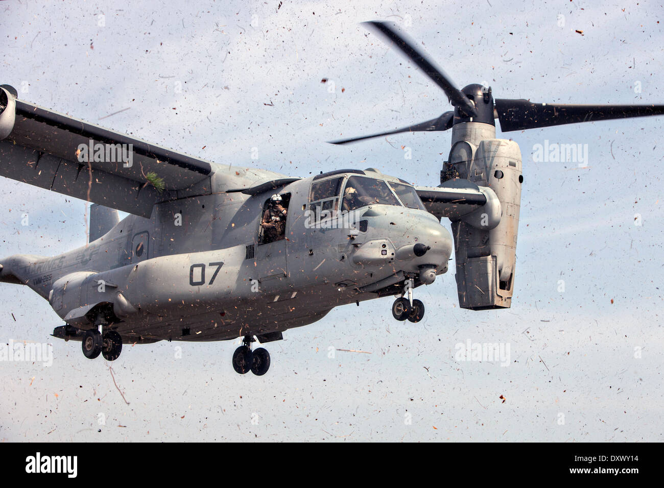 US Marines MV-22 Osprey tilt rotor aircraft during a simulated amphibious assault part of joint training exercise Ssang Yong March 31, 2014 in Doksu-Ri, Pohang, South Korea. Stock Photo