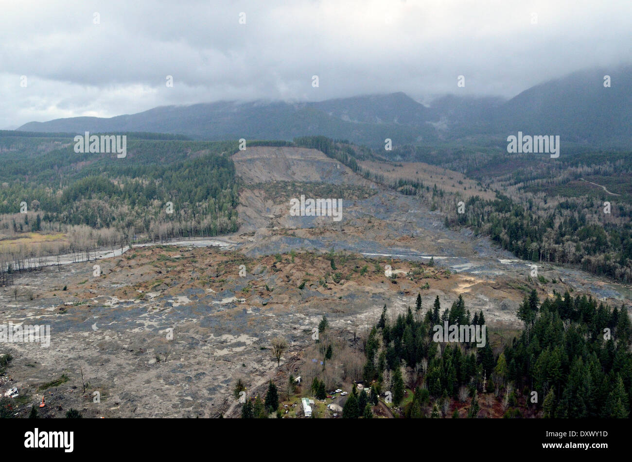 Aerial view of the aftermath of the mudslide more than a week after it occurred along highway 530 killing at least 28 people and destroyed a small riverside village in northwestern Washington state March 31, 2014 in Oso, Washington. Stock Photo