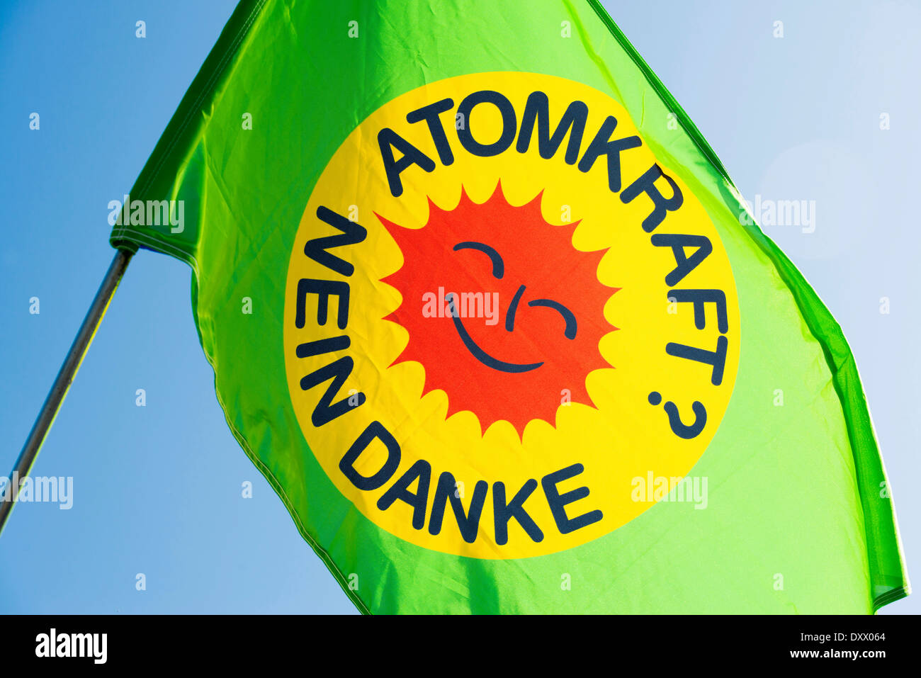 Flag, 'Atomkraft? Nein Danke', German for 'Nuclear power? No thanks' Stock Photo