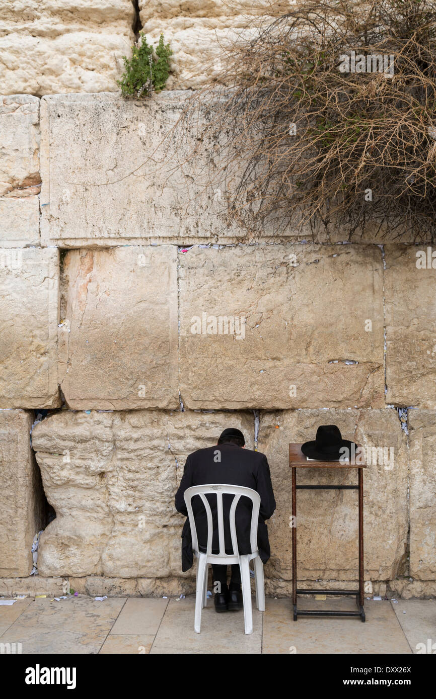 Ultra-orthodox Jew praying at the Western Wall, Wailing Wall, rear view, Jerusalem, Israel Stock Photo