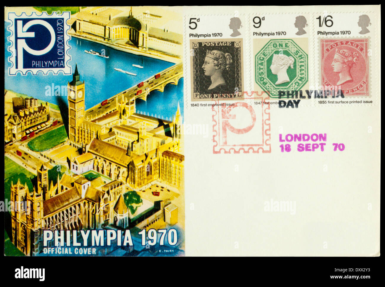 An Official Cover to celebrate the Philympia 1970 International Stamp Exhibition. The stamps were designed by David Gentleman. Stock Photo