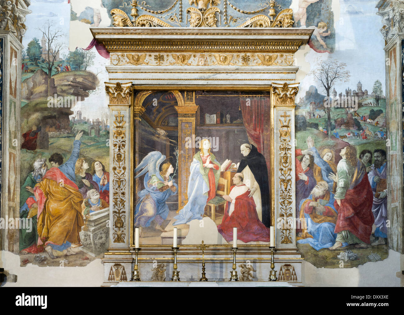 Altarpiece of Cappella Carafa or Carafa Chapel, Chapel of the Annunciation of St. Thomas, annunciation scene in which St. Thomas Stock Photo