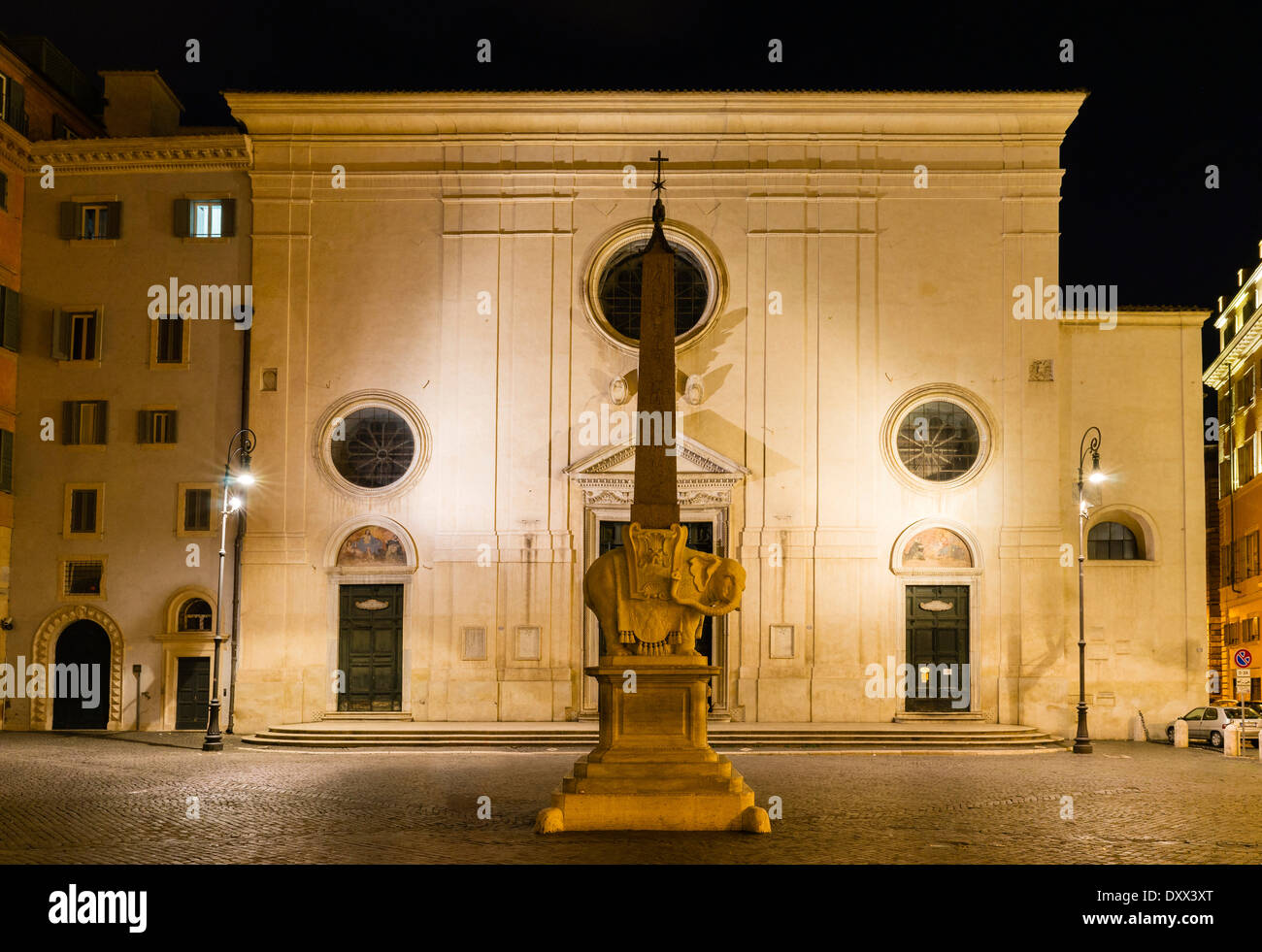 Bernini’s Elephant, Pulcino della Minerva, elephant statue with Obelisco della Minerva, by Ercole Ferrata following a design Stock Photo