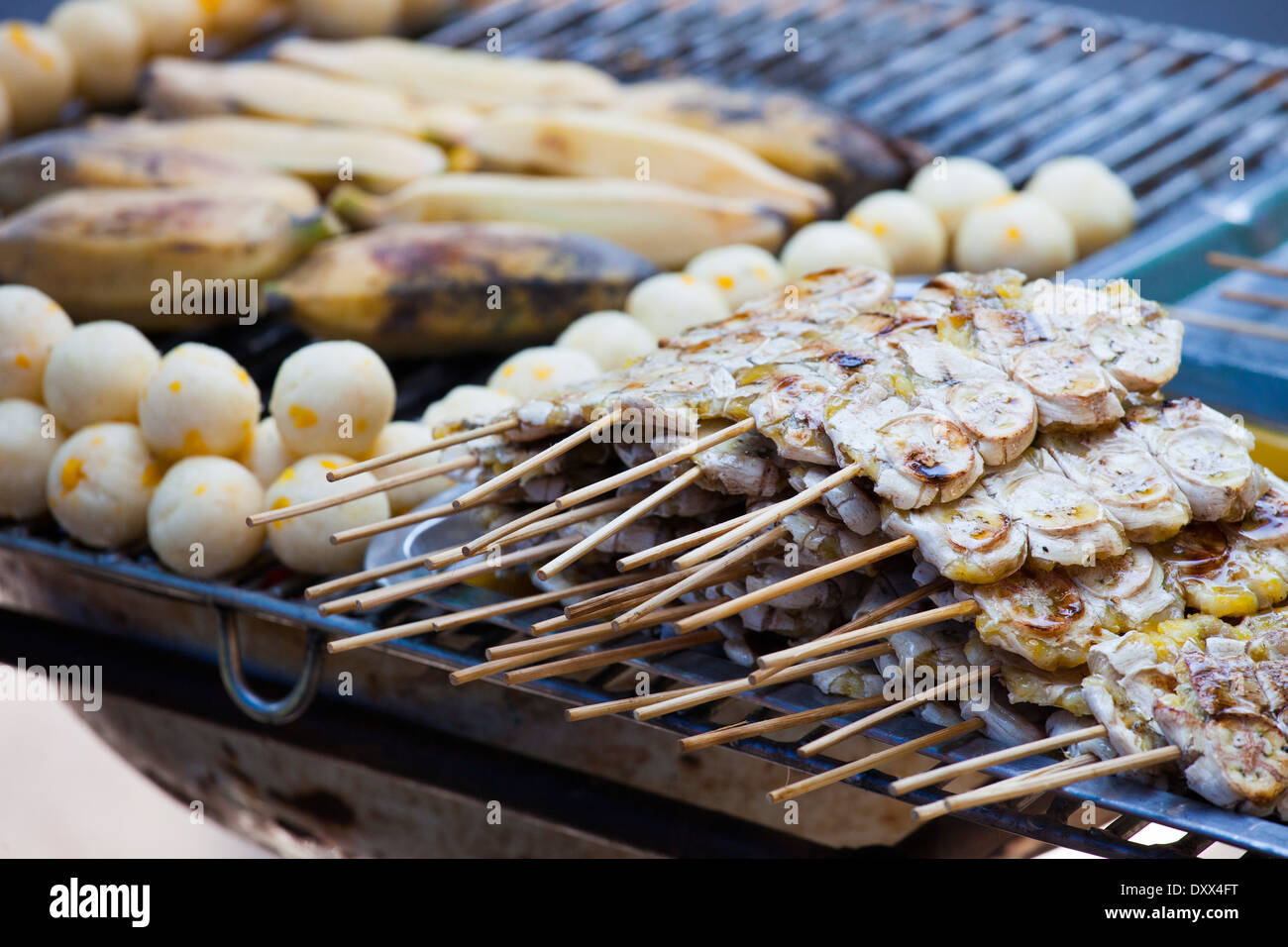 Grilled banana skewers at a street stall in Bangkok, Thailand Stock Photo Alamy