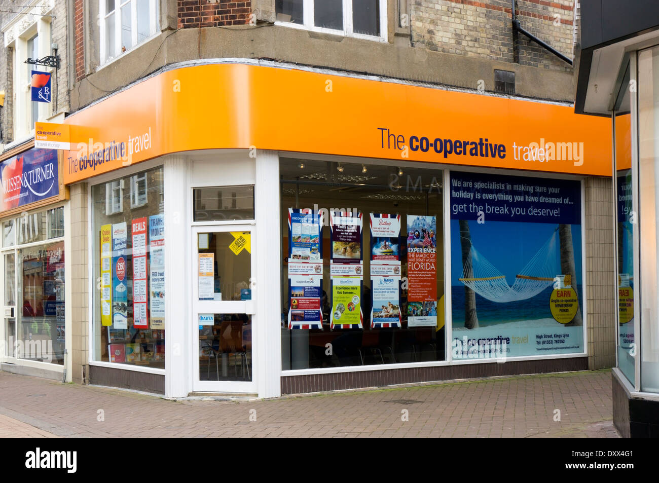 A branch of Co-operative travel agency in the High Street, King's Lynn, Norfolk. Stock Photo