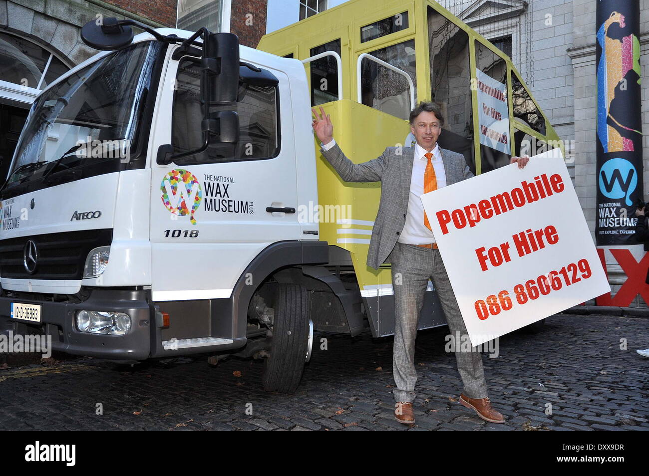 It was first used to enable Pope John Paul II to safely navigate the throngs who turned out for his historic visit to Ireland in 1979 but from today the iconic Popemobile will be available for hire for stag and hen parties and corporate gigs. The venture Stock Photo