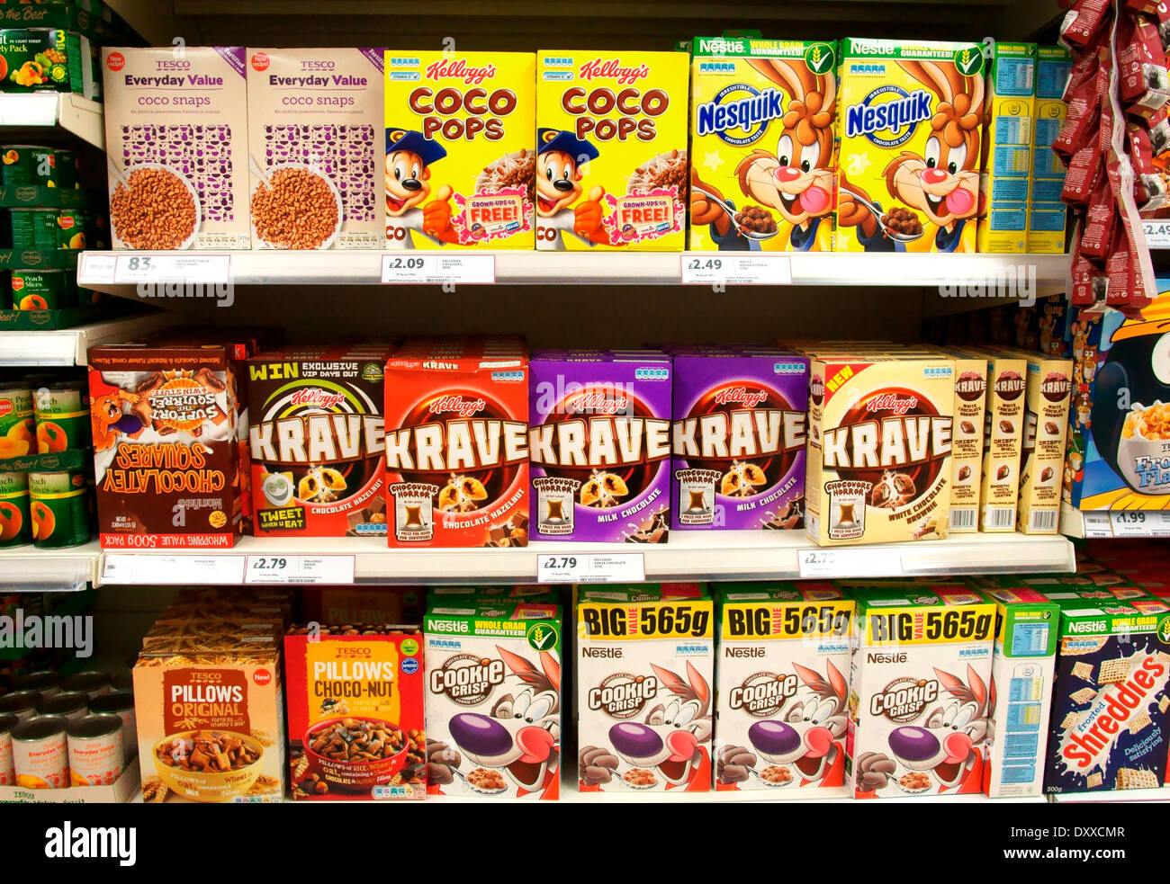 Chocolate flavoured breakfast cereals on sale in a supermarket Stock