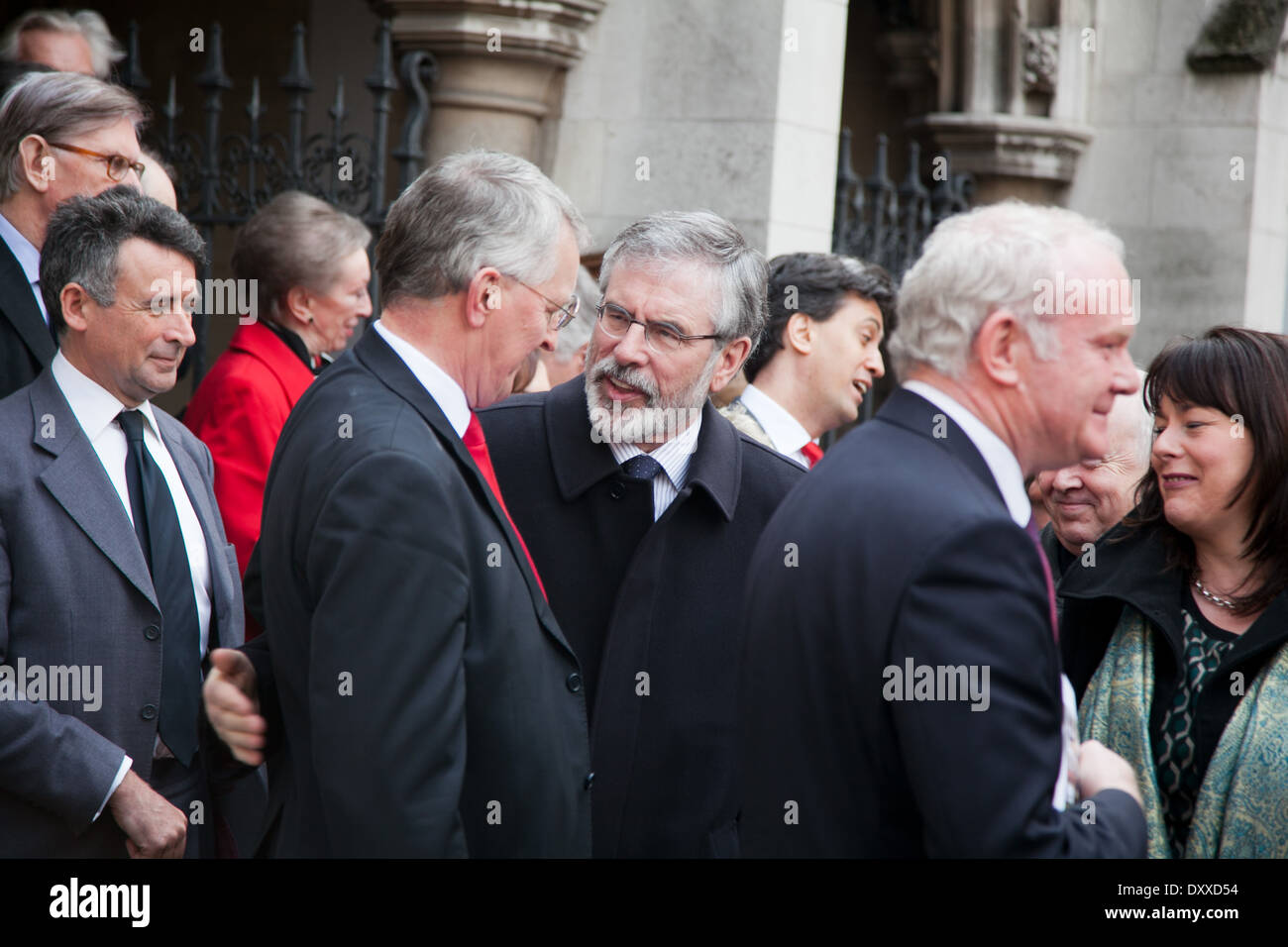 Gerry Adams, President of Sinn Fein with Hilary Benn at the funeral of Tony Benn at St Margaret's Church in Westminster. Stock Photo