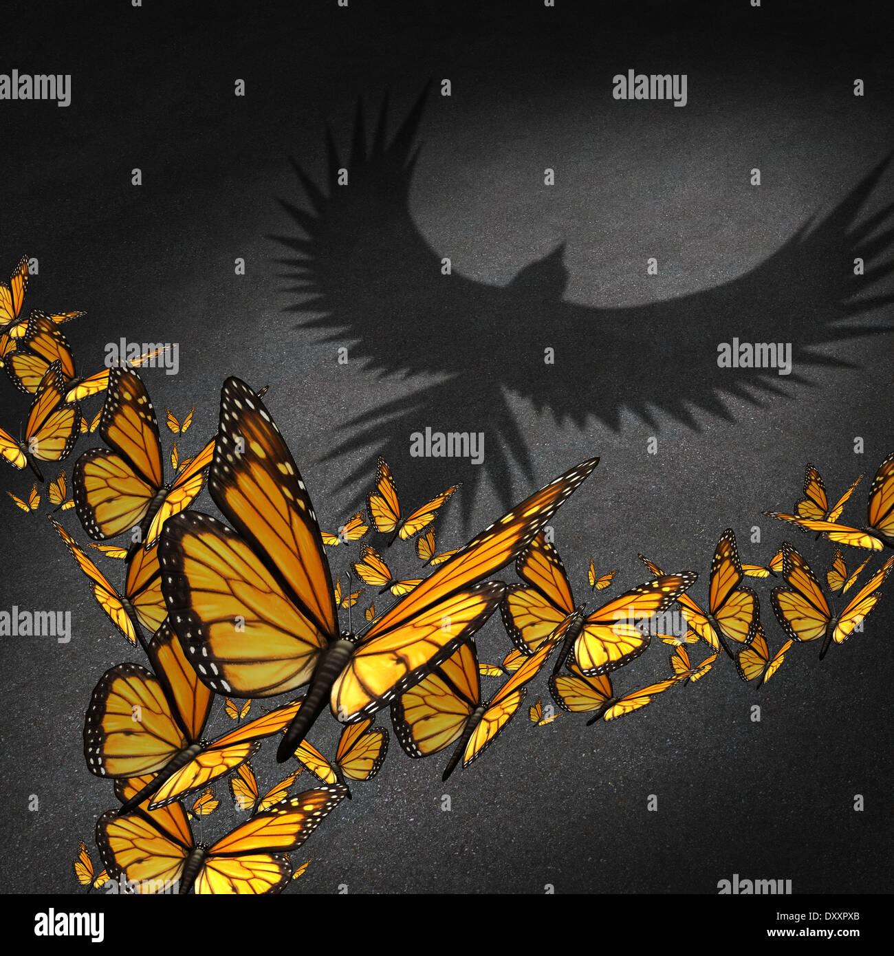 Power of teamwork business concept as a group of monarch butterflies getting together to cast a shadow of a strong eagle as a metaphor for partnership communication success through network connections cooperation. Stock Photo