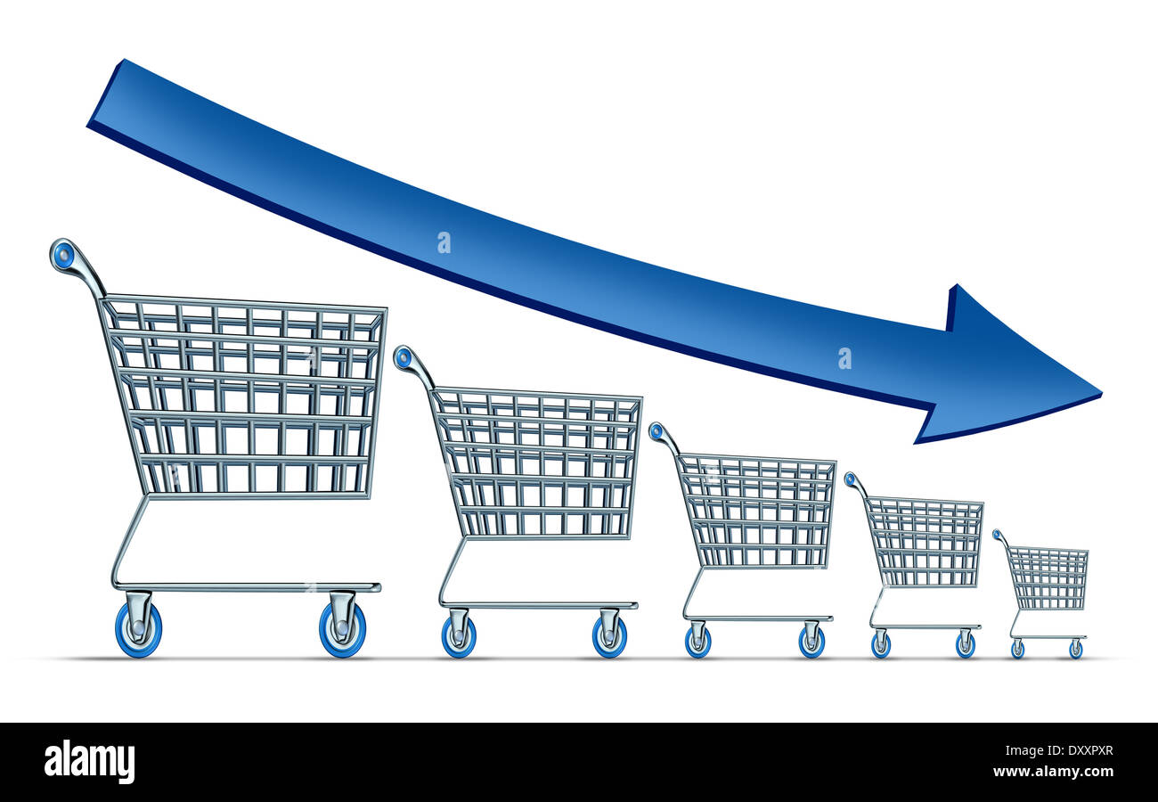 Sales decline symbol as a group of shrinking shopping carts with a blue arrow going down as a metaphor for commercial retail consumerism on a white background. Stock Photo