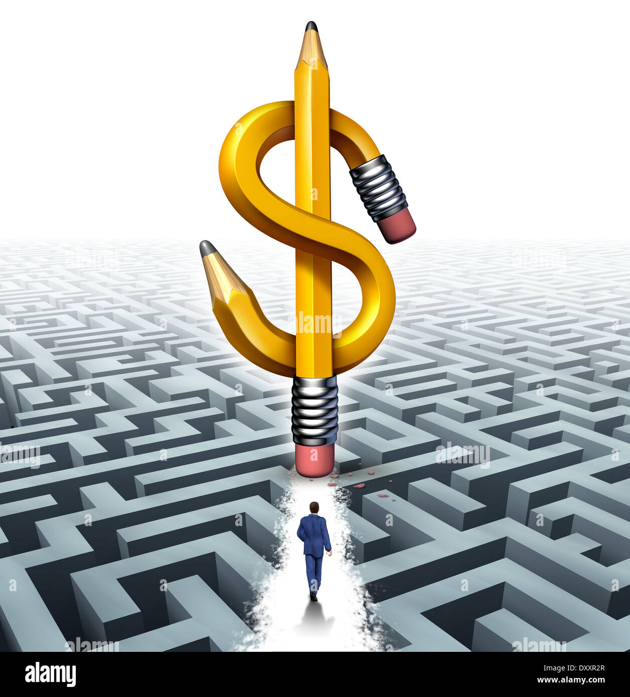 Wealth success solutions business concept as a businessman walking over a maze with a cleared path made by an eraser from a dollar shaped pencil as a metaphor for financial freedom guidance. Stock Photo