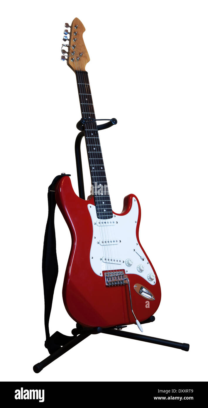 red electric guitar on a stand isolated on white background Stock Photo -  Alamy