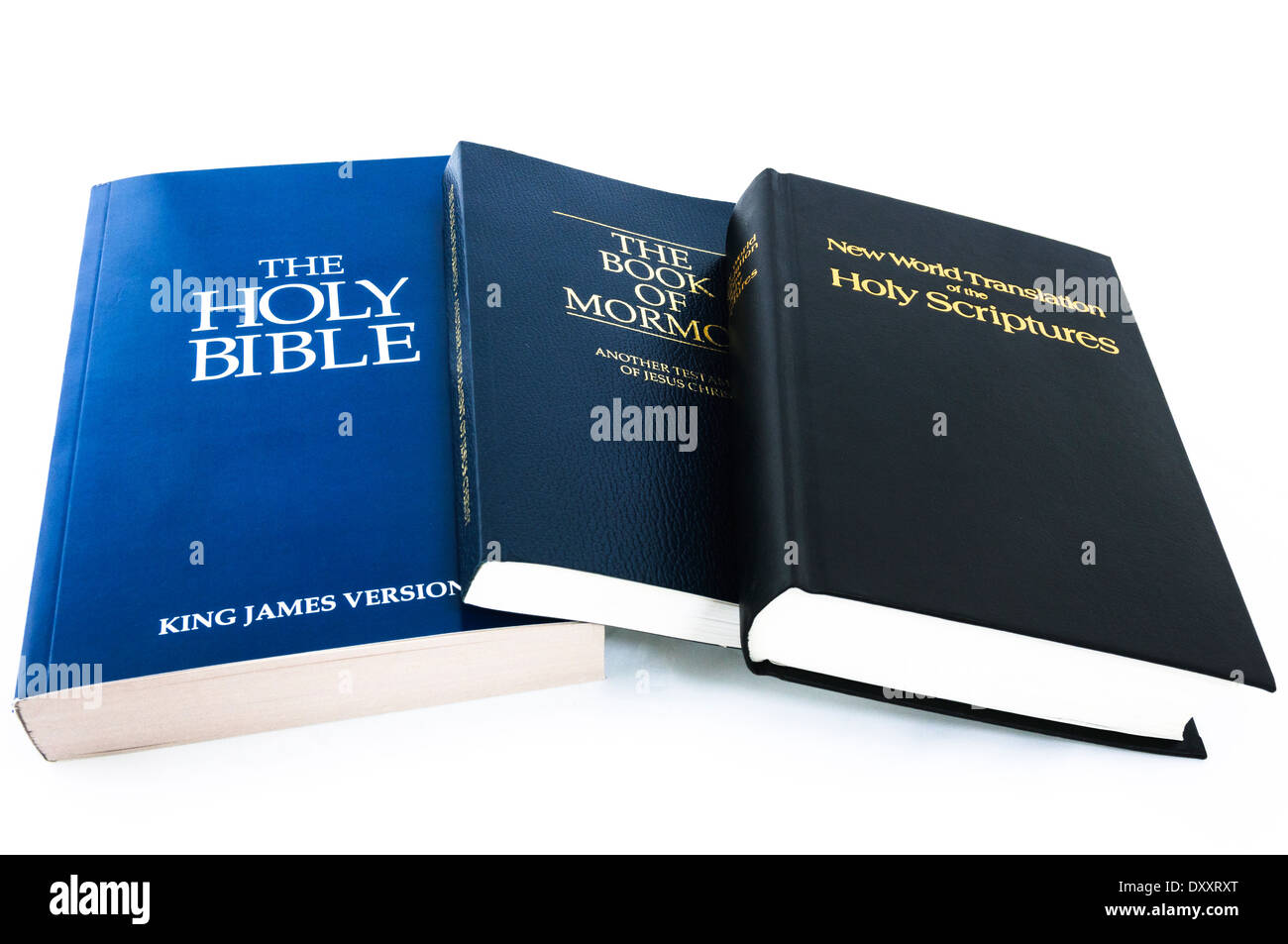 A Holy Bible with the Book of Mormon and the New World Translation of the Holy Scriptions from the Jehovas Witnesses Stock Photo