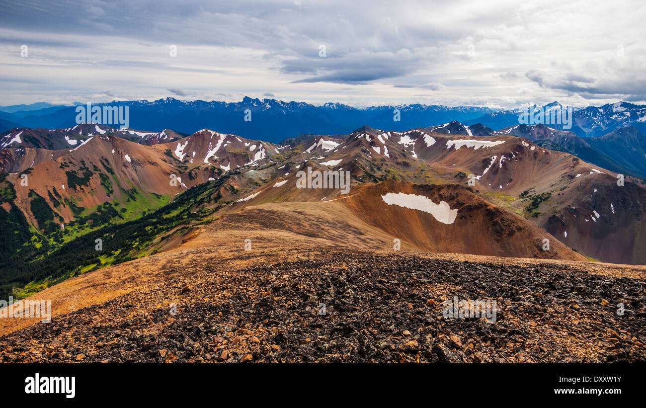 Looking down from mountaintop; Gold Bridge, British Columbia, Canada Stock Photo