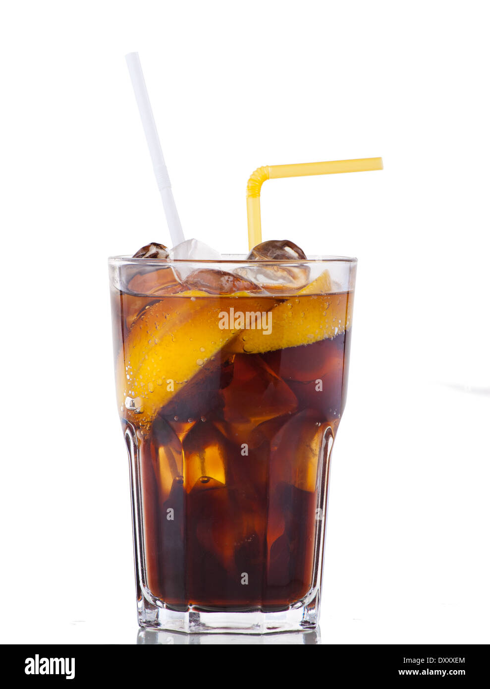 Fresh cola drink with ice and yellow lemon on white background Stock ...