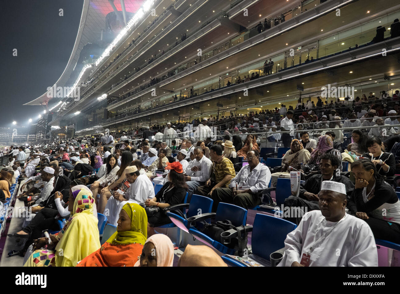 Busy grandstand at Dubai World Cup horse racing championship at Meydan