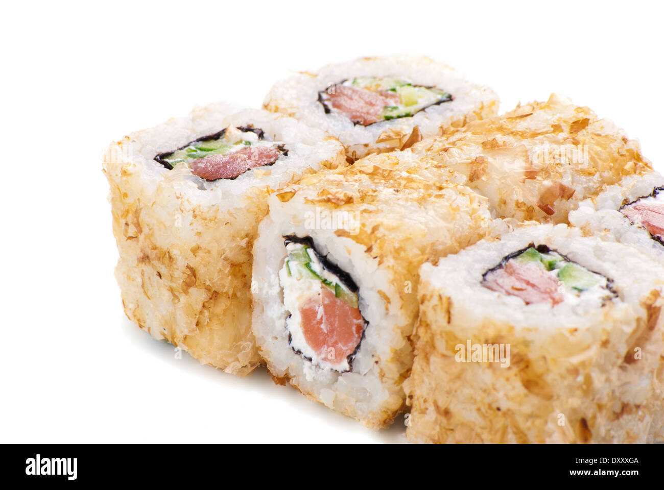 Salmon Skin Maki Sushi Roll With Salmon Skin Cucumber And Avocado Inside Grilled Salmon Skin Outside Stock Photo Alamy