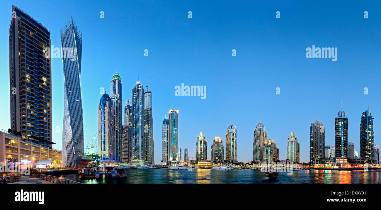 Twilight skyline view of modern skyscrapers in MArina district in Dubai United Arab Emirates Stock Photo