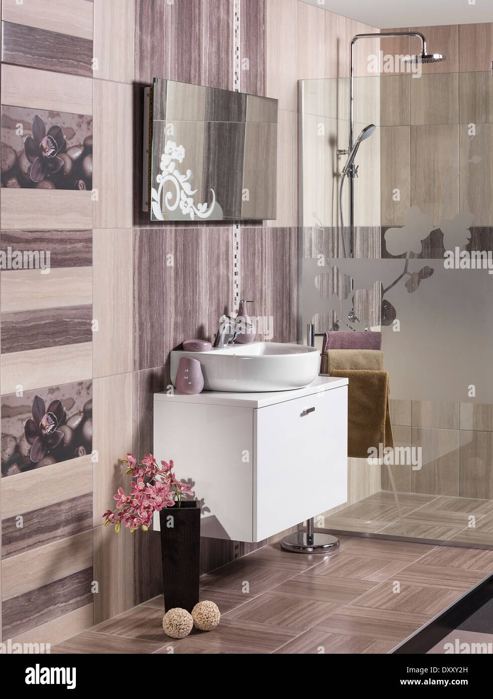 modern bathroom with sink, shower and accessories Stock Photo