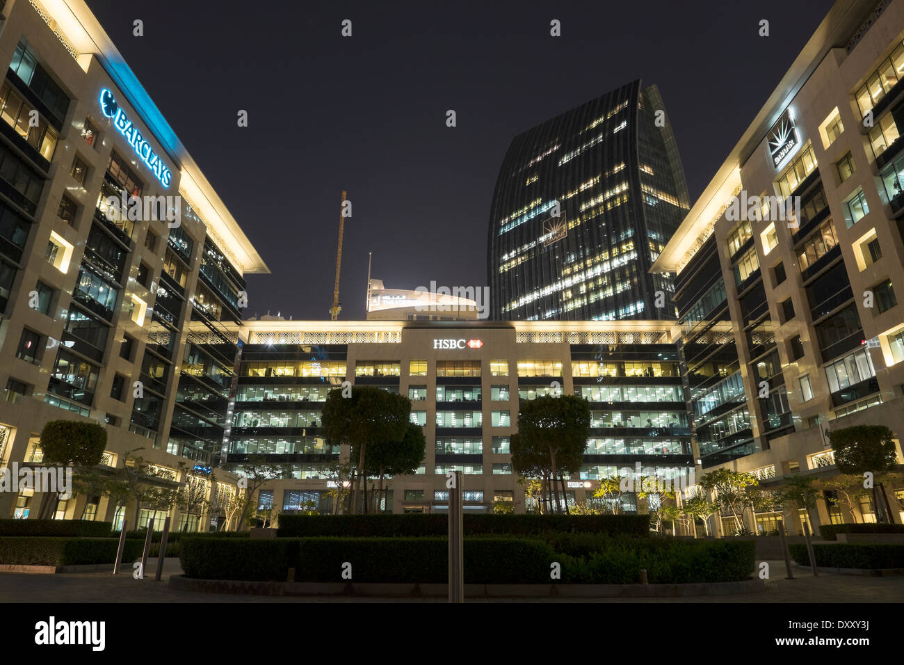 Night view of HSBC and Barclays Bank headquarters at Emaar Square in Dubai United Arab Emirates Stock Photo