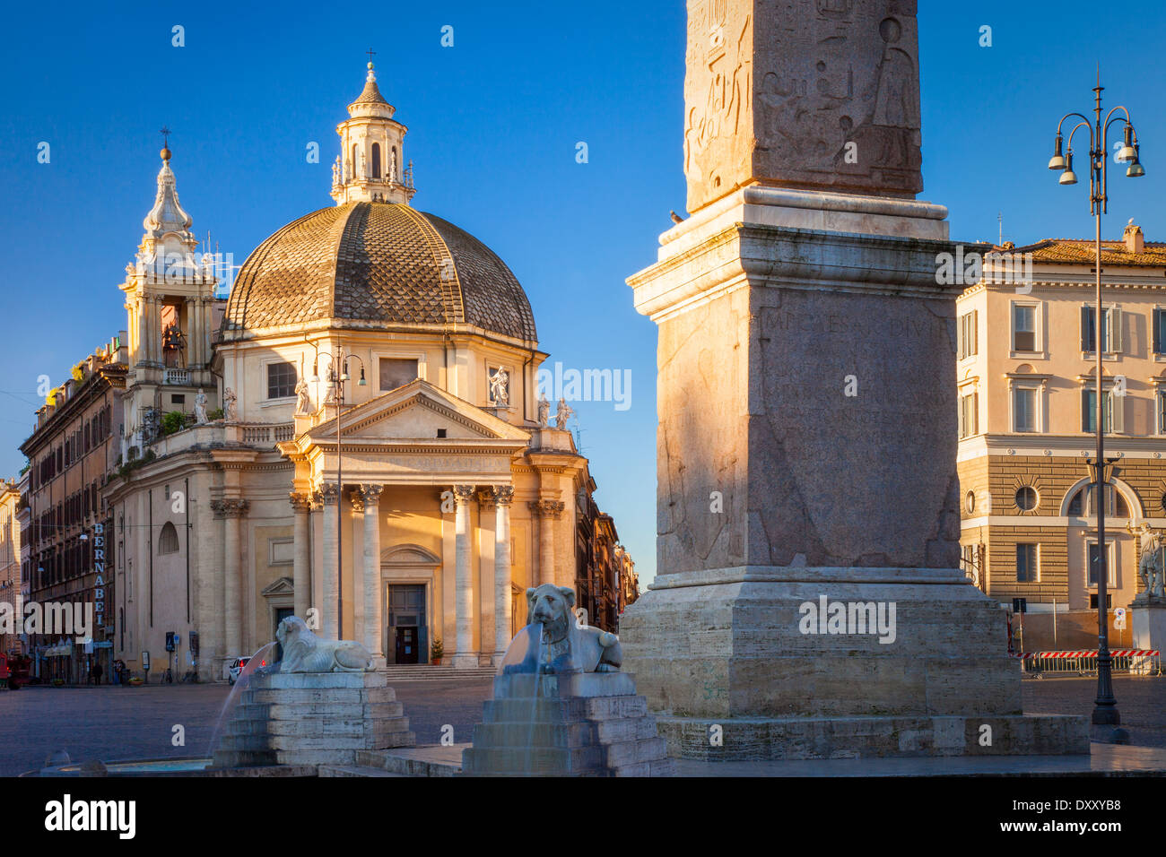 Early morning in Piazza del Popolo with Chiesa di Santa Maria dei Miracoli, Rome, Lazio, Italy Stock Photo