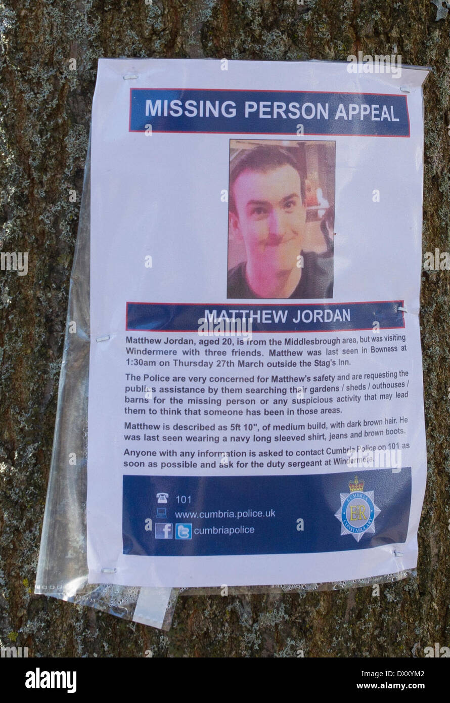 Windermere, UK. 1st April  2014. Lake District police posters around Windermere for missing Teesside student. Police say they are concerned about the welfare of Matthew Jordan Who has now been missing since 1.30am Friday morning. The police today have had divers checking Bowness Bay piers & jetties and between the luxury boats moorings infront of the Old England Hotel Credit:  Gordon Shoosmith/Alamy Live News Stock Photo